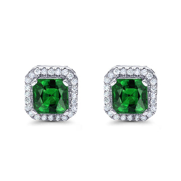 Halo Stud Earrings Wedding Princess Cut Simulated Green Emerald CZ Solid 925 Sterling Silver